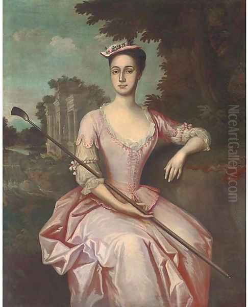 Portrait of Mary Yeats, of Ashton House, Beetham, seated three-quarter-length, wearing a pink dress and holding a crop in her right hand, a landscape - view 1