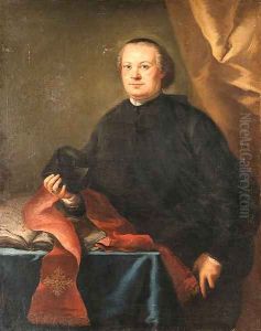 Portrait of a Prelate, three-quarter length, in a black cassock, holding a biretta, by a table in a draped interior