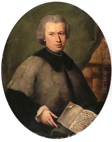 Portrait of Monsignor Francesco Dall'Acqua, half length, wearing a grey cloak and holding a copy of his book, in a library - view 1