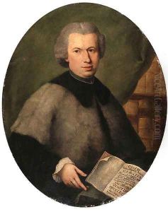 Portrait of Monsignor Francesco Dall'Acqua, half length, wearing a grey cloak and holding a copy of his book, in a library