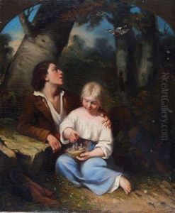 Two Figures With A Nest Of Fledglings Seated Under A Tree by Charles Fernand de Condamy