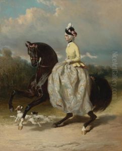 Femme En Costume Marie Antoinette Sur Un Cheval Caracolant