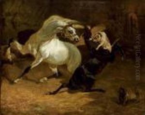 Deux Etalons Attaques Par Un Chien by Alfred De Dreux