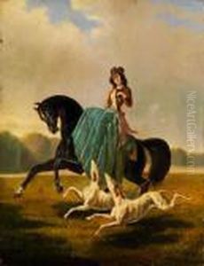 Elegante Reiterin Mit Windhunden Inweiter Landschaft by Alfred De Dreux
