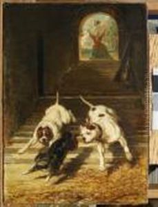 Deux Chiens Poursuivant Un Chat by Alfred De Dreux