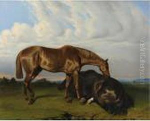 Two Horses In A Landscape by Alfred De Dreux
