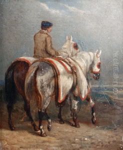 A Groom Leading Two Horses by Alfred De Dreux