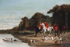 A Stag Hunt With Hounds Crossing Thewater by Alfred De Dreux