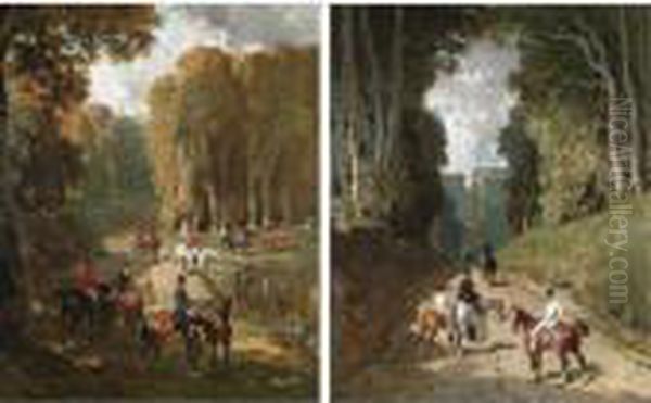 A Hunting Party By A Lake; Riders On A Forest Path - view 1