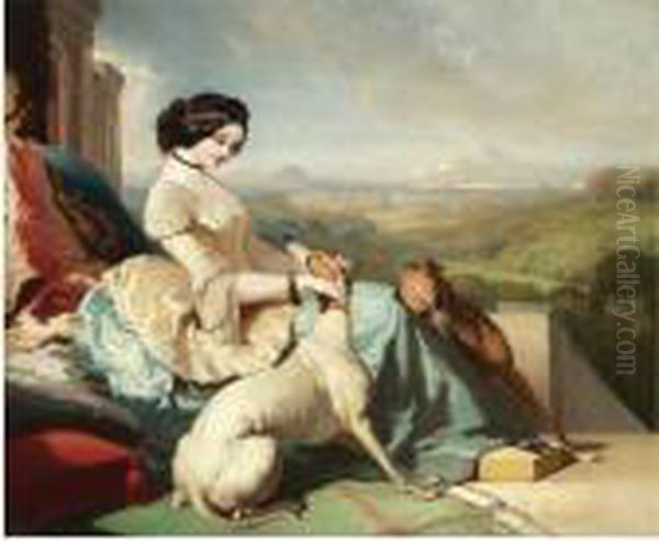 Chtelaine Assise Avec Les Levriers Sur La Terasse D'un Chateau En Ecosse - view 1