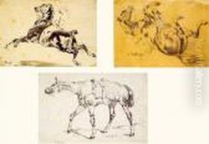 Rare Ensemble De Cinq Dessins Dans Un Meme Encadrement by Alfred De Dreux