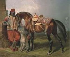 An African Groom Holding A Stallion, With A Dog