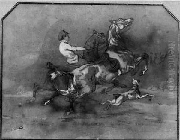Cavalier Tenant Par La Bride Deux Chevaux - view 1