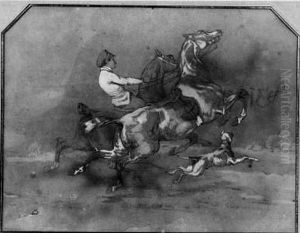 Cavalier Tenant Par La Bride Deux Chevaux by Alfred De Dreux