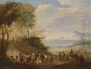A Wide Landscape With A Hunting Party by Franz Ferg