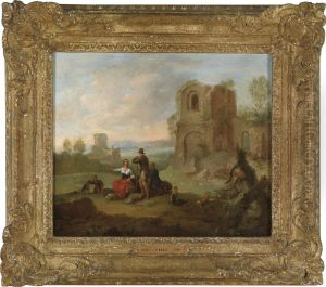 A Pair Of Landscapes With Ruins Andhorsemen by Franz Ferg