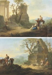An Mountainous Landscape With Travellers Resting By An Edifice by Franz Ferg