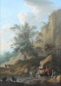 Goatherds And Their Flock Resting Before Awaterfall by Franz Ferg