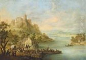 An Extensive River Landscape
With Figures At A Ferry, A Hilltop Fortress And A Mountain Range Beyond by Franz Ferg