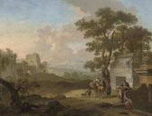 An Italianate Landscape With 
Travellers Conversing Outside A Classical Tomb, Mountains Beyond