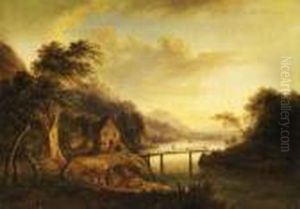 Landschaft Mit Flusslauf, Hausern Und Einer Holzbrucke