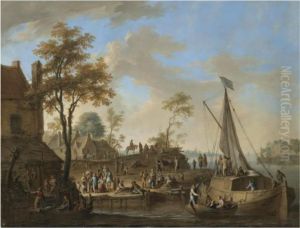 A River Landscape With Workers Loading Cargo Onto A Mooredboat