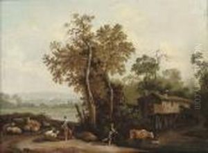 A Wooded River Landscape With A Shepherd And Shepherdess With Their Flock And Cattle by Franz Ferg