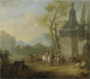 Peasants Conversing In An Italianate Landscape by Franz Ferg