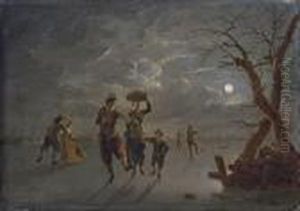 A Moonlit Winter Landscape With Skaters On A Frozen River by Franz Ferg