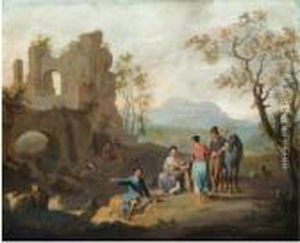 An Italianate Landscape With
Travellers Resting Near Ruins And A Shepherd Tending His Flock Near A
Stream by Franz Ferg