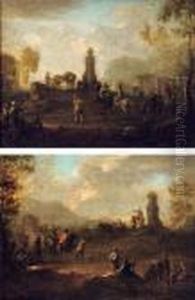 Peasants On Donkeys And On Foot 
Conversing Near A Monument In An Italianate Landscape; A Monument; And 
Gentlemen On Horses And On Foot, Conversing Near A Monument In An 
Italianate Landscape by Franz Ferg
