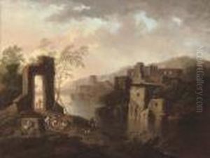 A River Landscape With Travellers On A Track By Ruins by Franz Ferg