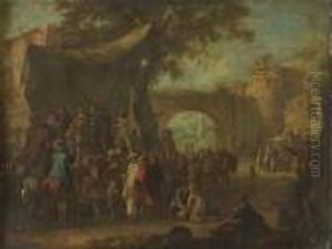 Numerous Figures Gathered At A Commedia Dell'arte With Ruined Buildings Beyond