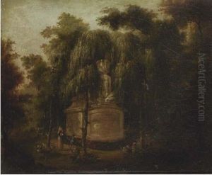 A Mausoleum In A Wooded Landscapes With Figures In The Foreground by Franz Ferg