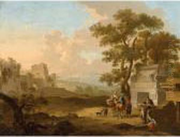 A Italianate Landscape With Travellers Conversing Before A Classical Tomb - view 1