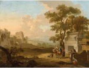 A Italianate Landscape With Travellers Conversing Before A Classical Tomb by Franz Ferg