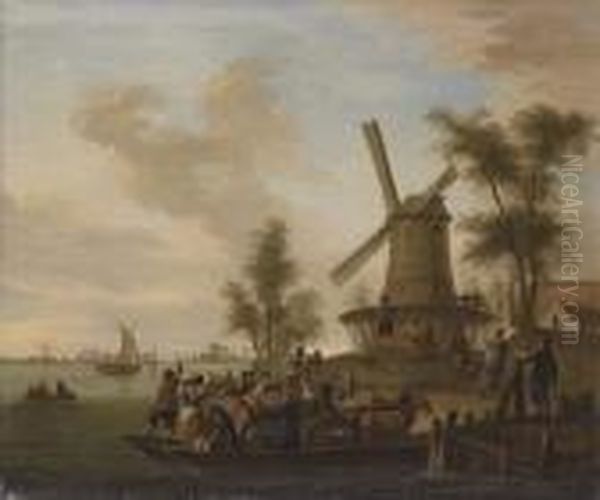 River Landscape With A Ferry And A Windmill - view 1