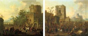 An Italianate Town With Figures Gathered Around A 'commedia Dell'arte' Play by Franz Ferg