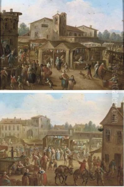 A Market Scene With Figures 
Gathered Around A Comedia Dell'arte Play; And A Village Square With A 
Market, And Two Mules Near A Fountain In The Foreground - view 1