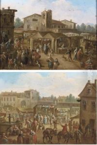 A Market Scene With Figures 
Gathered Around A Comedia Dell'arte Play; And A Village Square With A 
Market, And Two Mules Near A Fountain In The Foreground