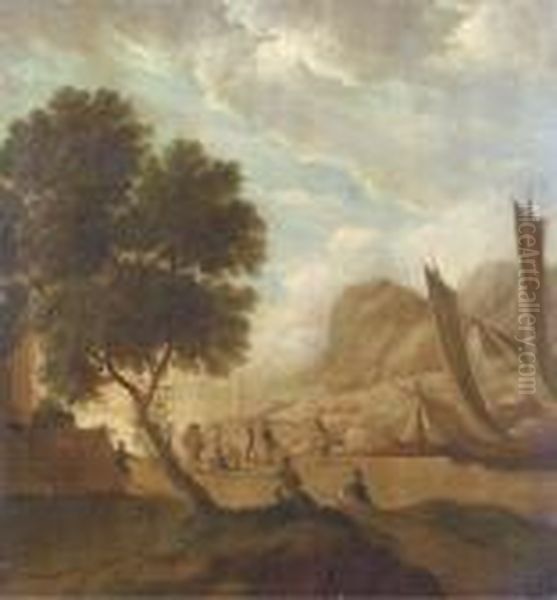 A Mediterranean Landscape With
Elegant Figures Resting By Theshore, Moored Sailing Vessels And A Ruin
Nearby - view 1