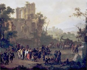 Peasants Merrymaking By A Ruin In A Mountainous Landscape by Franz Ferg