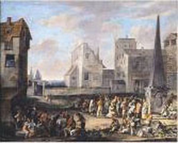 A Town Scene With Figures In A Square, Gathered Around An Obelisk - view 1