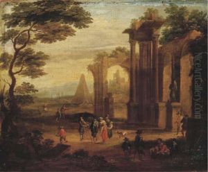 An Italianate Landscape With Figures Strolling And Resting By Aruin by Franz Ferg