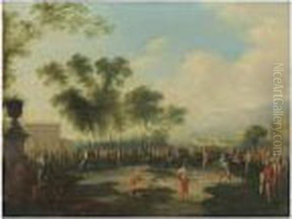 Personnages Elegants Se
Promenant Dans Le Parc D'une Villa Italienne Personnages Jouant A Un Jeu
De Ballon Dans Un Jardin - view 1