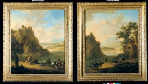 Rhenish Landscapes With Figures
At A Quay Beneath A Hilltop Castle And A Horse And Cart And Other
Travellers Near A Mill - view 1