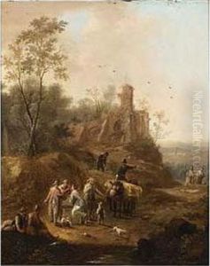 A Hilly Landscape With A Horse-drawn Wagon And Travellers Conversing On by Franz Ferg
