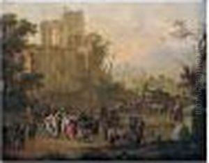 An Alpine Landscape With Peasants Merrymaking Among Ruins by Franz Ferg