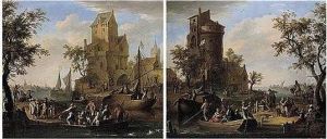 A River Landscape With Figures On Both Banks And In A Ferry, A Round Tower Beyond