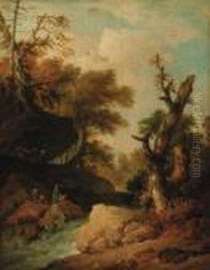 A Rocky River Landscape With Travellers Resting On A Bank A Rocky River Landscape With Travellers Resting On A Bank